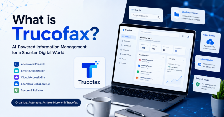 Futuristic Trucofax digital platform featuring AI technology, cloud computing, smart information management, and workflow automation.