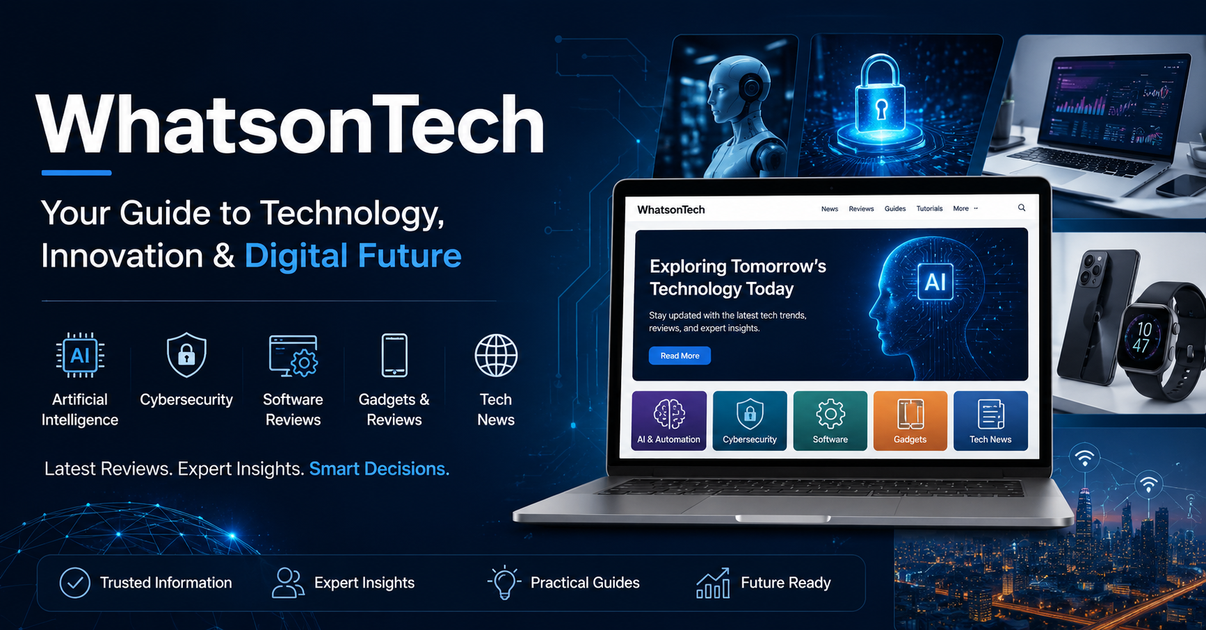 Illustration representing WhatsonTech with artificial intelligence, cybersecurity, software reviews, gadgets, and digital innovation displayed on a modern technology interface.